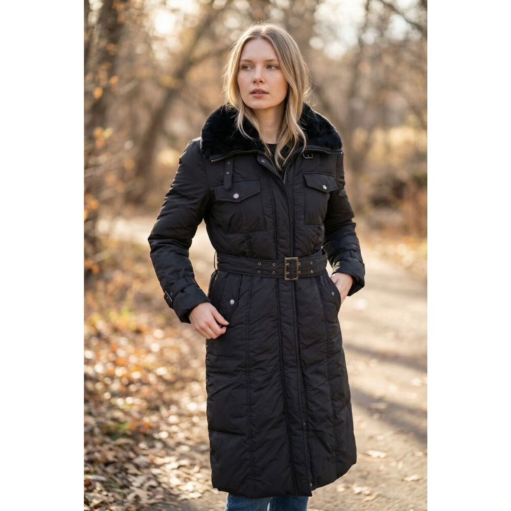 JOINUS BLACK FUR TRIM DOWN BELT MIDI PUFFER COAT SZ M (66)